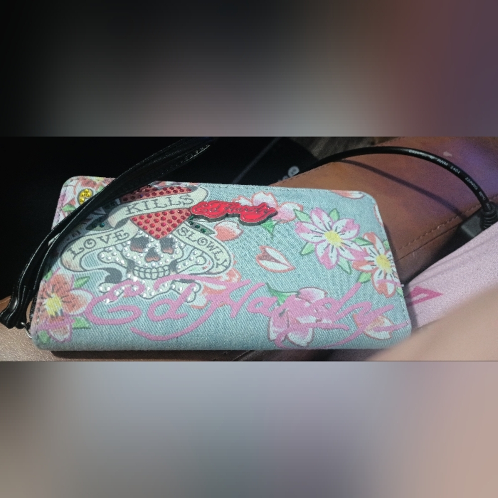 Ed Hardy Blue and Pink Floral Skull Zip Wallet